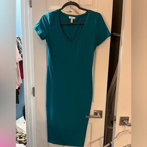 Leith Teal Bodycon Midi Dress Size Small – V-Neck Stretch Knit
